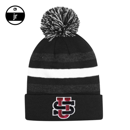 Youth Knit Cuff Hat Striped with Pom Logo-F26