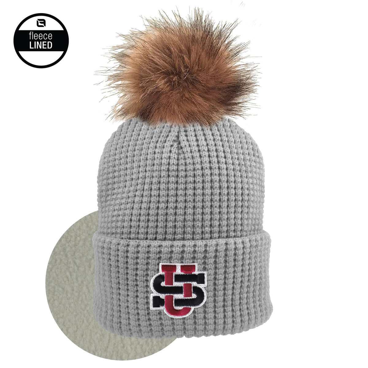 Adult Knit Cuff Hat, Waffle Pattern, Fleece Lined, Faux Fur Pom Gray Logo -F26