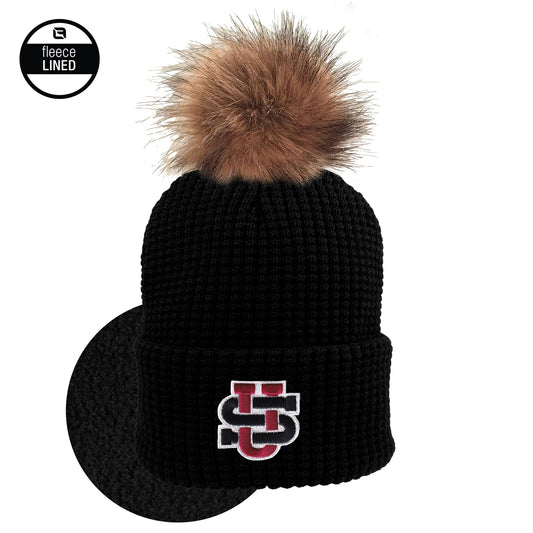 Adult Knit Cuff Hat, Waffle Pattern, Fleece Lined, Faux Fur Pom Black Logo -F26