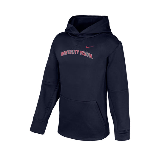 Nike Youth Therma Pullover Hoodie in Navy Arched Words- F26